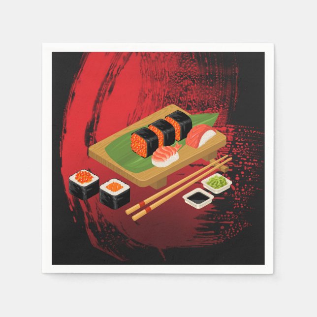 Chic Modern Elegant Black & Red Sushi Party Event Napkin (Front)
