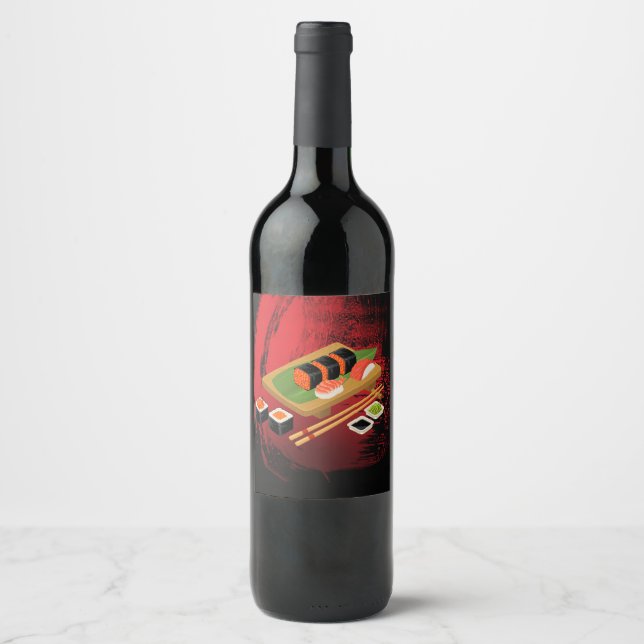 Chic Modern Elegant Black & Red Sushi Party Wine Wine Label (Front)