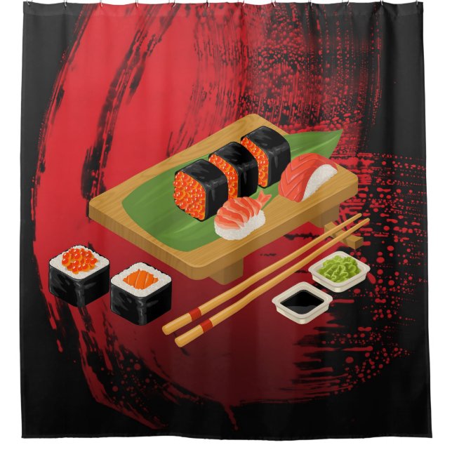 Chic Modern Elegant Black & Red Sushi Shower Curtain (Front)