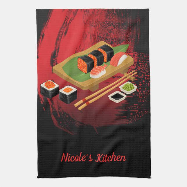 Chic Modern Elegant Black & Red Sushi Tea Towel (Vertical)