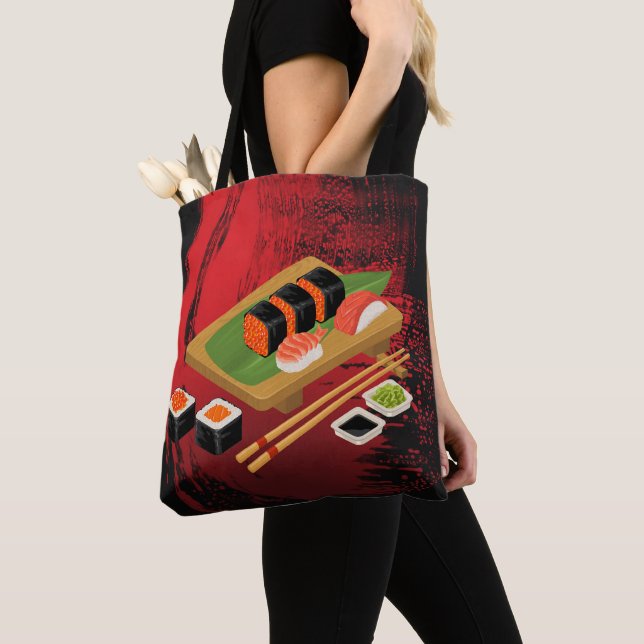 Chic Modern Elegant Black & Red Sushi Tote Bag (Close Up)