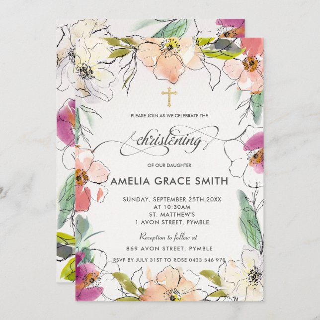 Chic Modern Elegant Watercolor Floral Christening Invitation (Front/Back)