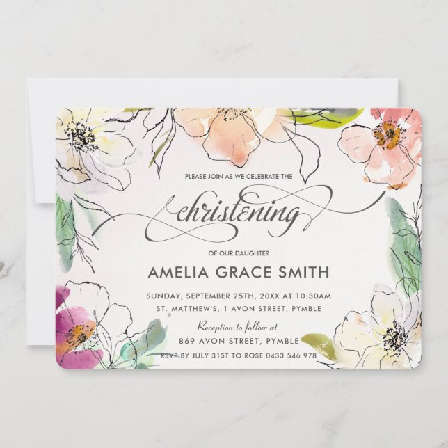 Chic Modern Elegant Watercolor Floral Christening Invitation (Front)