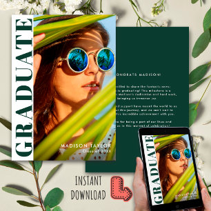 Chic Modern Emerald Green White Photo Graduation  Announcement