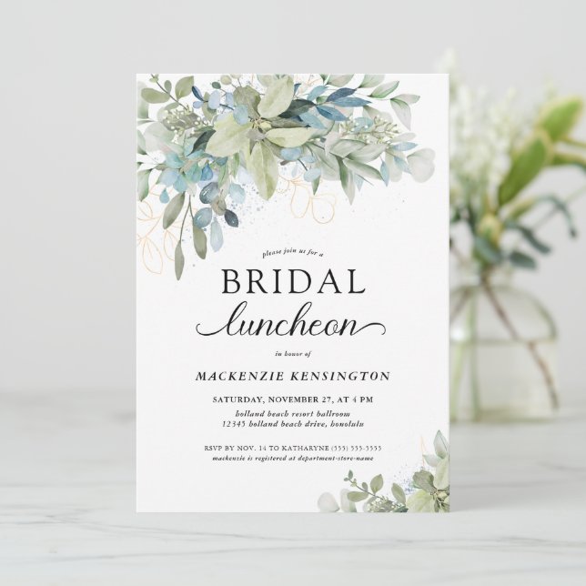 Chic Modern Eucalyptus Greenery Bridal Luncheon Invitation (Standing Front)