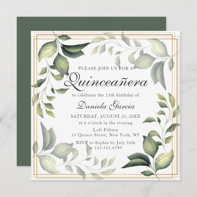 Chic Modern Floral Greenery Botanical Quiceanera Invitation (Front/Back)