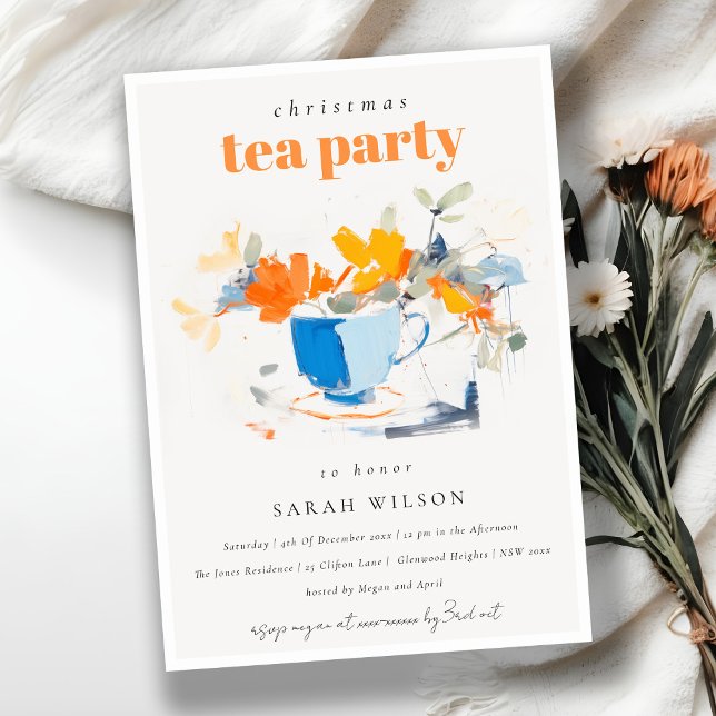 Chic Modern Floral Tea Cup Christmas Tea Party Invitation (Creator Uploaded)