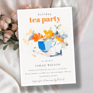 Chic Modern Floral Tea Cup Holiday Tea Party Invitation