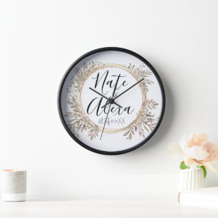 Chic Modern Floral Wreath Wedding Personalised Clock