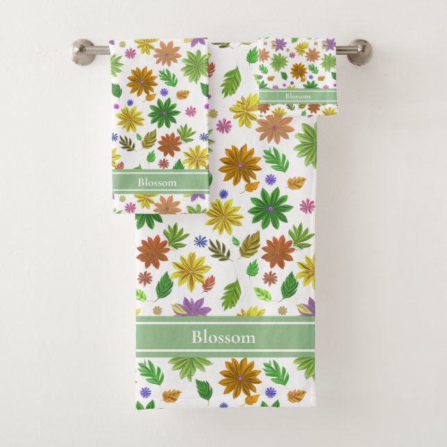 Chic Modern Flowers and Calligraphy on White Bath Towel Set (Insitu)