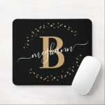 Chic Modern Girly Black Gold Name Script Monogram Mouse Pad<br><div class="desc">Girly, modern, elegant, trendy, black and gold monogram initial name script custom personalised monogrammed mousepad. Featuring a monogram initial and a girly name script in a hand lettered calligraphy swash tail font and dotted circle frame around your monogram. Perfect feminine gift for girls, sister, mother, birthday, wedding, bridal shower, sweet...</div>