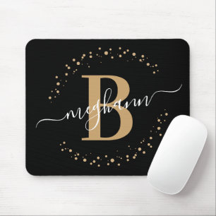Chic Modern Girly Black Gold Name Script Monogram Mouse Pad