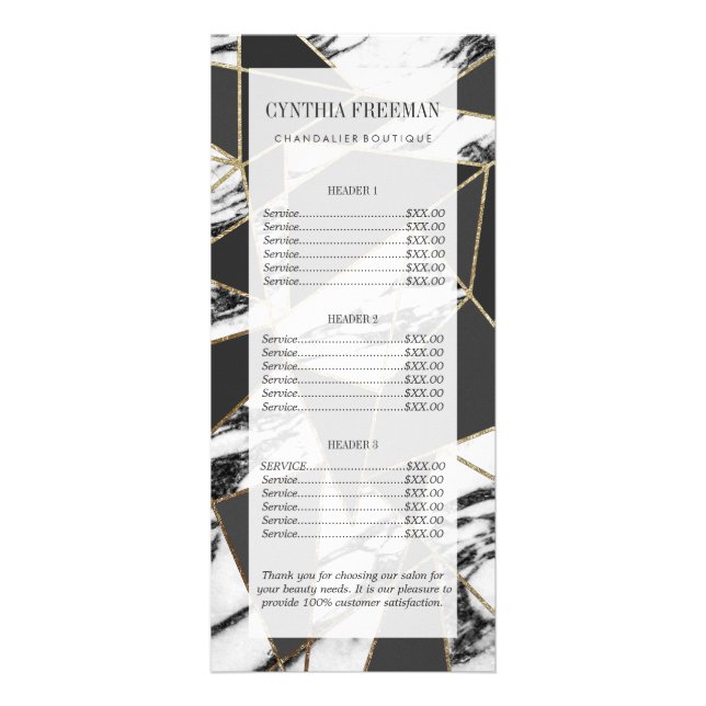 Chic Modern Gold Marble and Black Geometric Rack Card (Front)