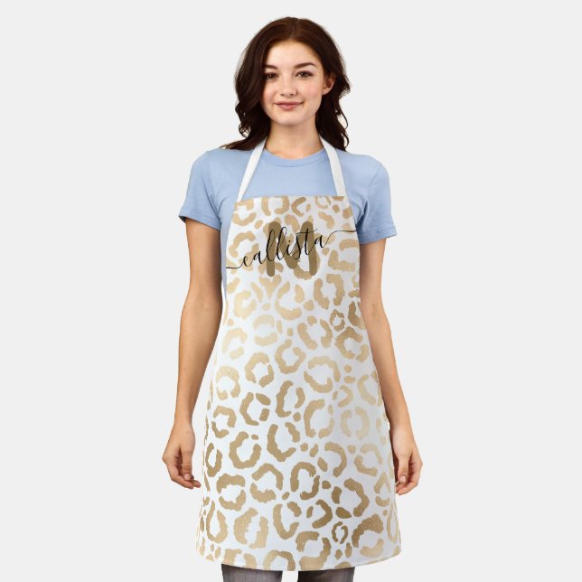 Chic Modern Gold White Leopard Cheetah Monogram Apron (Worn)