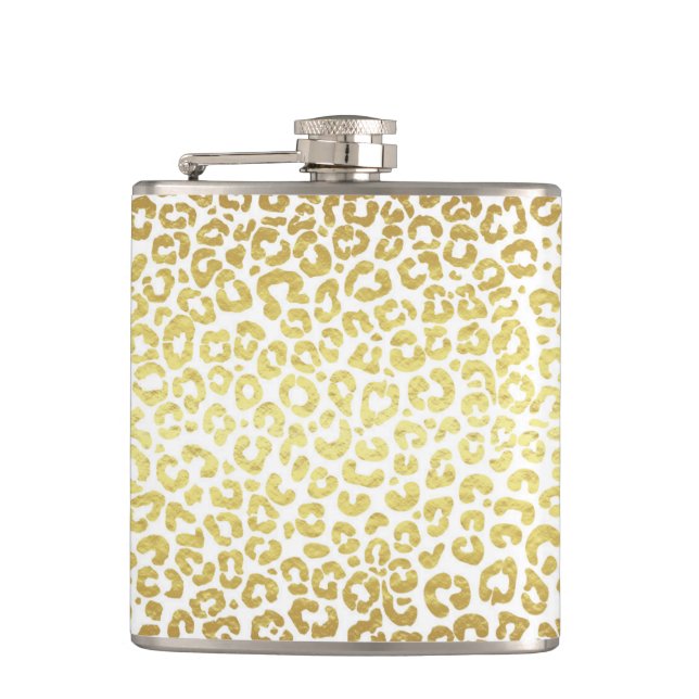 Chic Modern Gold White Leopard Jaguar Cheetah Hip Flask (Front)