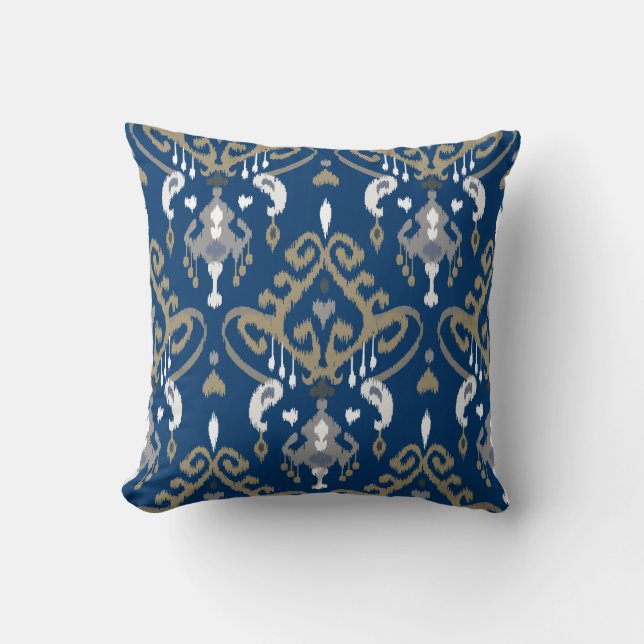 Chic modern grey blue ikat tribal pattern cushion (Front)