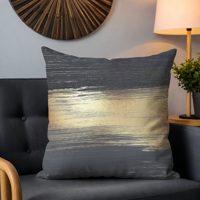 Chic Modern Grey Gold Abstract Brushstrokes Cushion (Creator Uploaded)