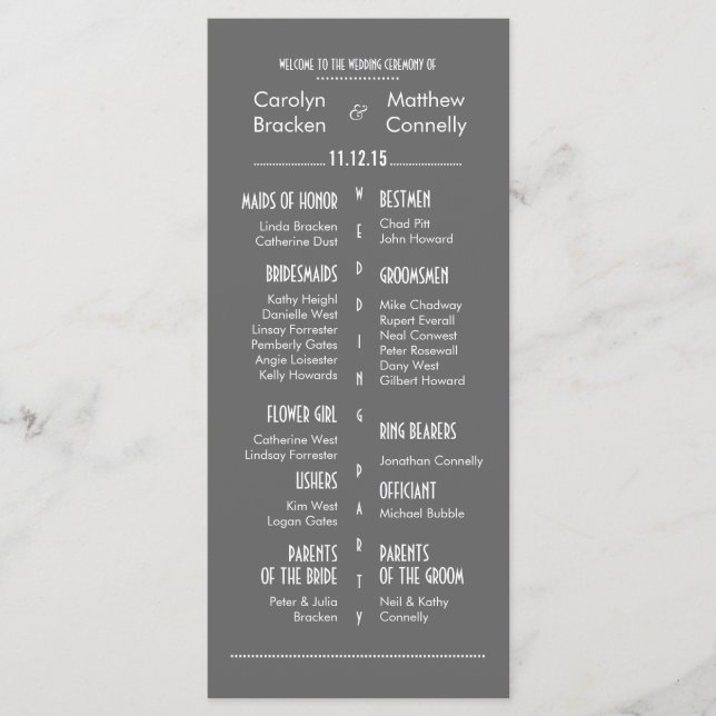 Chic Modern Grey Wedding Program Rack Card (Front)