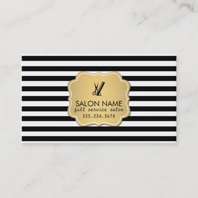 chic modern hair stylist hairstylist gold stripes business card (Front)