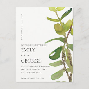 CHIC MODERN LEAFY WATERCOLOR FOLIAGE SAVE THE DATE POSTCARD