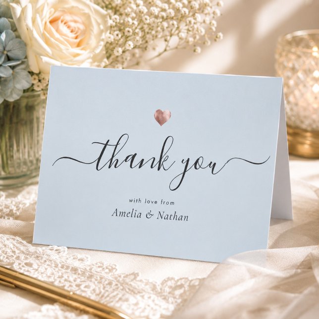 Chic Modern Light Blue Script Rose Gold Heart Thank You Card (Creator Uploaded)