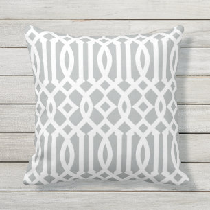 Chic Modern Light Grey and White Trellis Pattern Outdoor Cushion