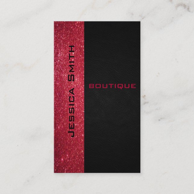 Chic modern luxury red glittery leather look business card (Front)