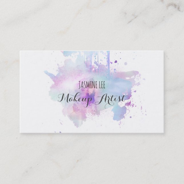 chic modern makeup artist watercolor blue grunge business card (Front)