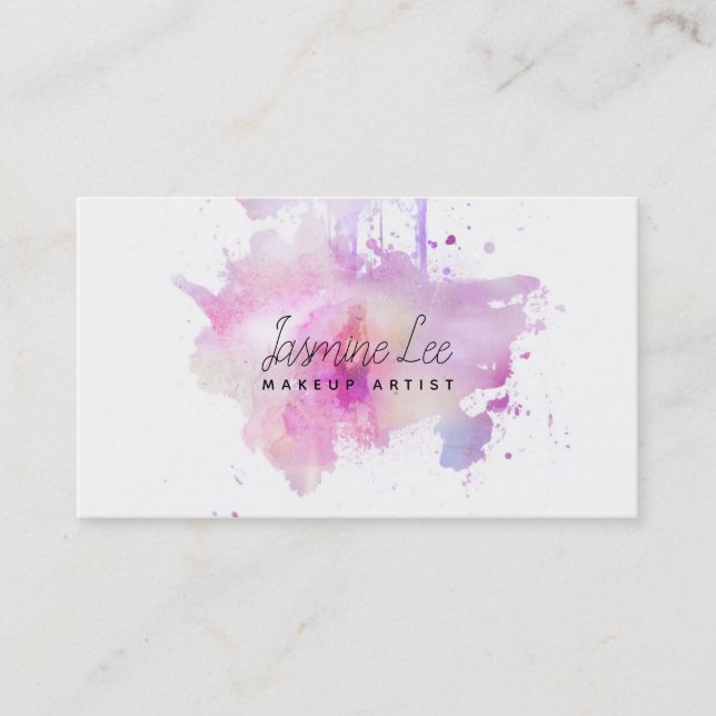 chic modern makeup artist watercolor purple grunge business card (Front)