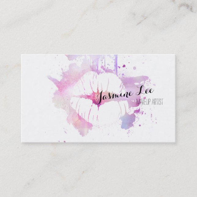 chic modern makeup artist watercolor purple lips business card (Front)