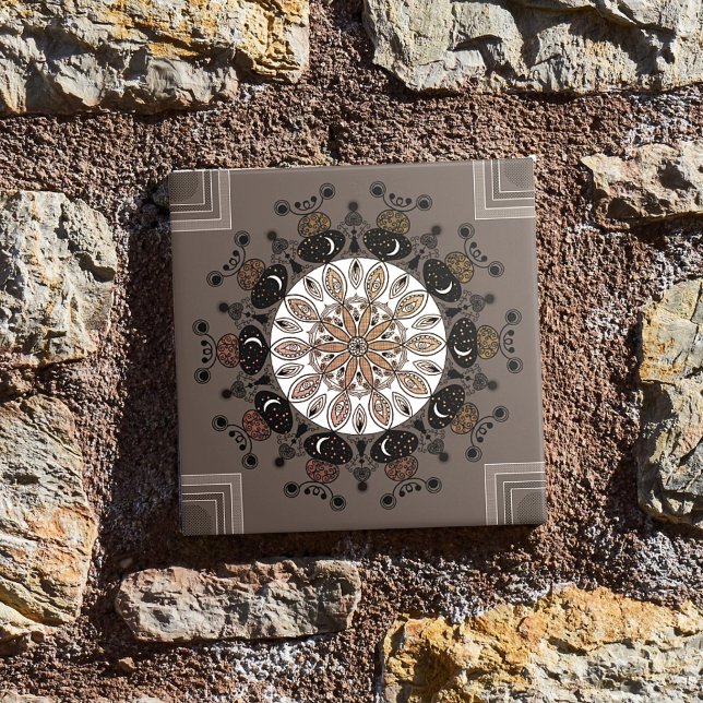chic modern mandala black white simple brown tile (Creator Uploaded)
