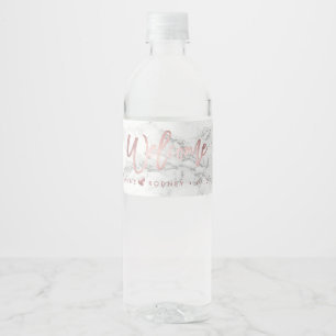 Chic+Modern Marble+Rose Gold Script Welcome Water Bottle Label