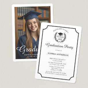 Chic Modern Minimalist Black & White Grad Photo Invitation