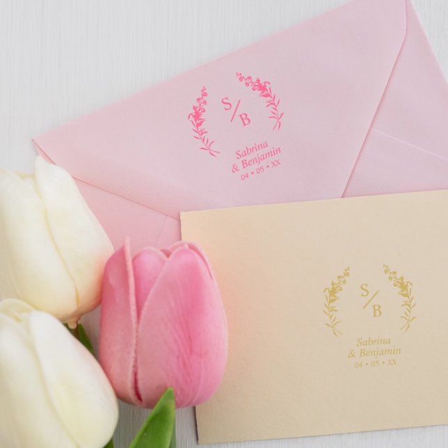 Chic Modern Minimalist Initials Twigs & Flowers Rubber Stamp (Creator Uploaded)