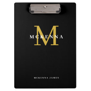 Chic Modern Monogram Black Gold Initial Name Clipboard