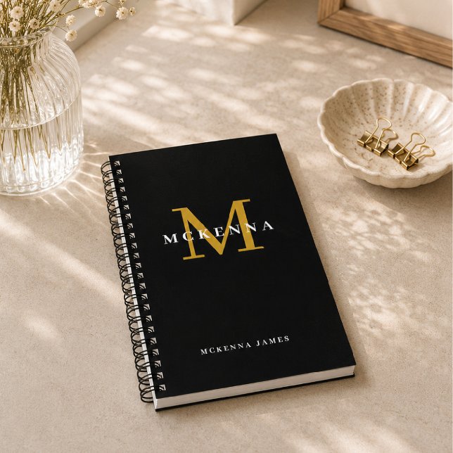 Chic Modern Monogram Black Gold Initial Name Notebook (Creator Uploaded)