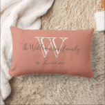Chic Modern Monogram Family Name Cute Keepsake Lumbar Cushion<br><div class="desc">Chic Modern Monogram Family Name Cute Keepsake Lumbar Pillow. A personalised monogram initial and your family's last name and wedding date in script lettering on a salmon background. Makes a unique cute gift for newlyweds. Lovely for newly weds new life together or for your family room. Click personalise this template...</div>