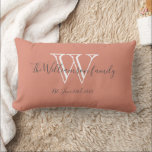 Chic Modern Monogram Family Name Cute Keepsake Lumbar Cushion<br><div class="desc">Chic Modern Monogram Family Name Cute Keepsake Lumbar Pillow. A personalised monogram initial and your family's last name and wedding date in script lettering on a salmon background. Makes a unique cute gift for newlyweds. Lovely for newly weds new life together or for your family room. Click personalise this template...</div>
