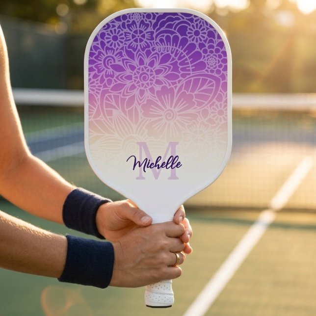 Chic Modern Monogram Floral Pickleball Paddle (Chic Modern Floral Monogram Pickleball Paddle)