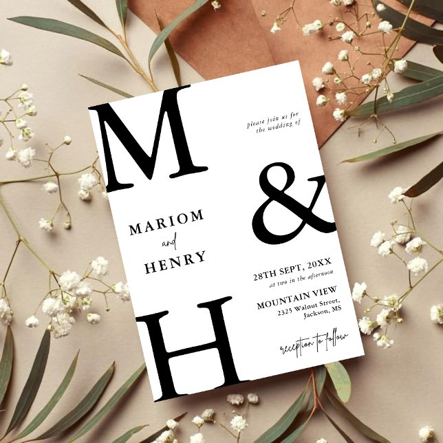 Chic Modern Monogram Initial Black White Wedding Invitation (Chic black and white monogram invitation adds refined elegance with your initials to your wedding)