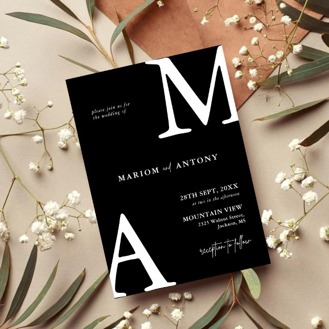 Chic Modern Monogram Initial Black White Wedding Invitation (Chic black and white monogram invitation adds personalized elegance to your wedding stationery)