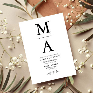 Chic Modern Monogram Initial Black White Wedding Invitation