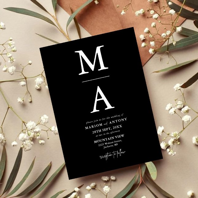 Chic Modern Monogram Initial Black White Wedding Invitation (Chic black and white monogram invitation adds timeless personalized elegance to your wedding)