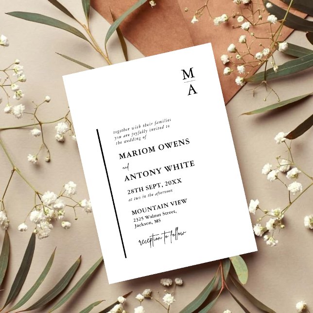 Chic Modern Monogram Initial Black White Wedding Invitation (Chic black and white monogram invitation adds refined elegance with your initials for your wedding)