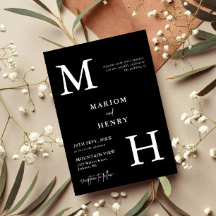 Chic Modern Monogram Initial Black White Wedding Invitation