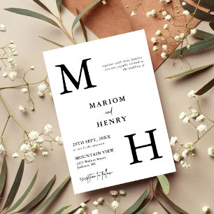 Chic Modern Monogram Initial Black White Wedding Invitation