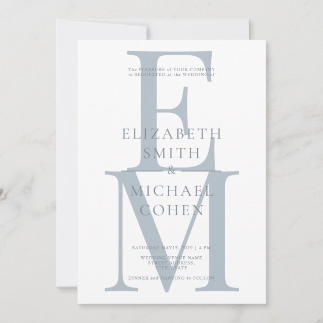 Chic Modern Monogram Initial Dusty Blue Wedding Invitation (Front)