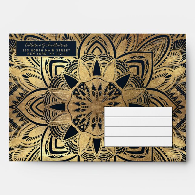 Chic Modern Navy Blue Gold Mandala Envelope (Front)