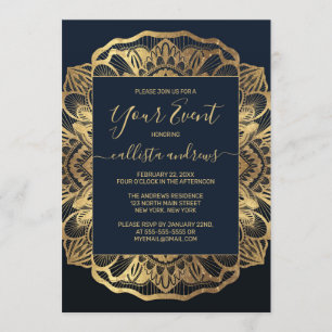 Chic Modern Navy Blue Gold Mandala Invitation