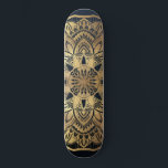 Chic Modern Navy Blue Gold Mandala Skateboard<br><div class="desc">This chic and bohemian-inspired design is perfect for a stylish and trendy woman. It features a faux printed gold foil hand-drawn mandala on top of a simple and modern dark navy to darker blue ombre gradient background. It's pretty, boho, pretty, elegant, and luxurious. ***IMPORTANT DESIGN NOTE: For any custom design...</div>